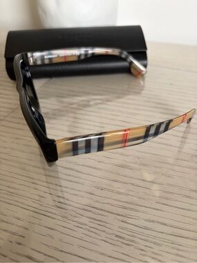 Burberry Black Frame Glasses with Beige Plaid Arms
